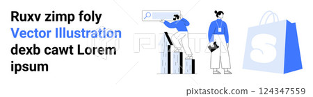 Two characters engaging in data analysis with a search bar and graph, accompanied by a shopping bag. Ideal for e-commerce, business analytics, online shopping, digital marketing, and retail strategy Two characters engaging in data analysis with a search bar and graph, accompanied by a shopping bag. Ideal for e-commerce, business analytics, online shopping, digital marketing, and retail strategy 124347559