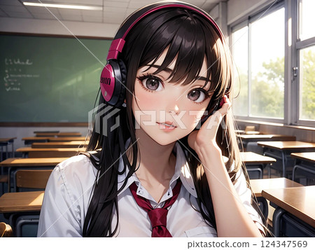 High school girl wearing headphones 124347569