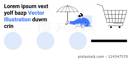 Man with umbrella beside a shopping cart against a minimalist layout with placeholder text. Ideal for online shopping, protection, minimalism, digital transactions, user interface. Banner for landing 124347570