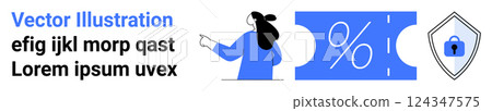 A person points towards a discount coupon with a security badge. Ideal for online shopping promotions, digital security, sales events, e-commerce, and marketing. Banner for landing page 124347575
