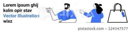 Two cartoon characters in blue attire are pointing towards a handbag with a tag. Ideal for shopping, communication, teamwork, advertising, and e-commerce. Banner for landing page Two cartoon characters in blue attire are pointing towards a handbag with a tag. Ideal for shopping, communication, teamwork, advertising, and e-commerce. Banner for landing page 124347577