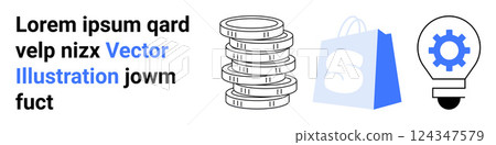 Stack of coins, blue shopping bag with S logo, and light bulb with blue gear inside on white background. Ideal for online shopping, e-commerce, business, finance, and marketing. Landing page 124347579