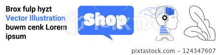 Blue shop button next to text and human head with brain and gears. Appears scientific with focus on technology and commerce. Ideal for e-commerce, AI, mental health, technology, science. Banner 124347607