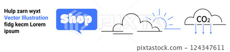 Features a speech bubble with Shop text, cloud icons depicting storage and climate themes with CO2 emission symbols. Ideal for e-commerce, cloud computing, sustainability, environmental awareness Features a speech bubble with Shop text, cloud icons depicting storage and climate themes with CO2 emission symbols. Ideal for e-commerce, cloud computing, sustainability, environmental awareness 124347611
