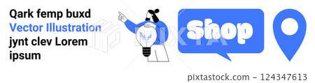 Character holding light bulb with speech bubble saying Shop and map pin. Ideal for e-commerce, online shopping, location services, marketing, and business promotion. Banner for landing page Character holding light bulb with speech bubble saying Shop and map pin. Ideal for e-commerce, online shopping, location services, marketing, and business promotion. Banner for landing page 124347613