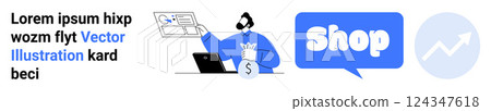 Person at a computer with a shopping bag and financial graphs. Ideal for online shopping, e-commerce, financial growth, digital marketing, and business analytics. Banner for landing page Person at a computer with a shopping bag and financial graphs. Ideal for online shopping, e-commerce, financial growth, digital marketing, and business analytics. Banner for landing page 124347618