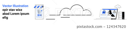 Minimalist design showing a smartphone with a shopping cart icon and a computer with cybersecurity lock symbols connected through cloud lines. Ideal for technology, cybersecurity, e-commerce, cloud 124347620