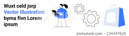 Person holding a tablet, two gears, and a shopping bag. Ideal for shopping, technology, business, online stores, and web design concepts. Landing page 124347626