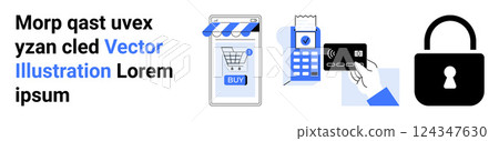 Digital payment and security elements including a phone screen displaying a shopping cart, a payment terminal, a hand with a card, and a padlock. Ideal for e-commerce, digital security, online Digital payment and security elements including a phone screen displaying a shopping cart, a payment terminal, a hand with a card, and a padlock. Ideal for e-commerce, digital security, online 124347630