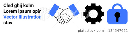 Black and blue handshake gear and lock icons convey themes of cooperation security technology teamwork, and trust Ideal for business security technology cooperation teamwork trust Banner for landing Black and blue handshake gear and lock icons convey themes of cooperation security technology teamwork, and trust Ideal for business security technology cooperation teamwork trust Banner for landing 124347631