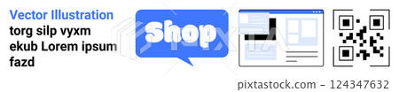 Contains a Shop button, web page layout, and QR code. Ideal for digital commerce, web design, online shopping, marketing, and retail promotions. Banner for landing page Contains a Shop button, web page layout, and QR code. Ideal for digital commerce, web design, online shopping, marketing, and retail promotions. Banner for landing page 124347632