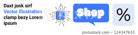 Circuit chip representing AI technology, shop sign in a speech bubble, and percentage symbol on blue backgrounds. Ideal for online commerce, AI integration, digital shopping, sale, and tech Circuit chip representing AI technology, shop sign in a speech bubble, and percentage symbol on blue backgrounds. Ideal for online commerce, AI integration, digital shopping, sale, and tech 124347633