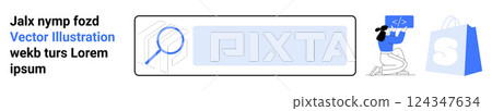 A search bar with a magnifying glass icon, a character coding and a shopping bag. Ideal for website design, e-commerce, online shopping, search functionality and programming. Landing page 124347634