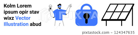 A person holds a light bulb, a padlock symbolizes security, and a solar panel promotes renewable energy. Ideal for sustainability, technology, security, innovation, and energy. Banner for landing A person holds a light bulb, a padlock symbolizes security, and a solar panel promotes renewable energy. Ideal for sustainability, technology, security, innovation, and energy. Banner for landing 124347635