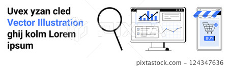 Magnifying glass beside a computer screen displaying graphs next to a smartphone shopping cart icon. Ideal for ecommerce analytics, marketing strategies, data tracking, digital shopping, market Magnifying glass beside a computer screen displaying graphs next to a smartphone shopping cart icon. Ideal for ecommerce analytics, marketing strategies, data tracking, digital shopping, market 124347636