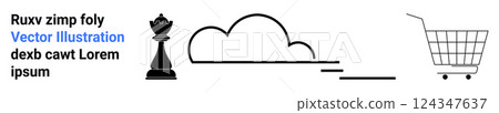 Chess piece alongside cloud and shopping cart symbols suggests strategic planning, digital transformation, and e-commerce innovation. Ideal for online business, technology, cloud services Chess piece alongside cloud and shopping cart symbols suggests strategic planning, digital transformation, and e-commerce innovation. Ideal for online business, technology, cloud services 124347637