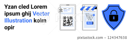 Smartphone displaying QR code a mobile shopping cart and a lock symbol on shield. Ideal for e-commerce data protection online shopping QR payment methods and cybersecurity. Banner for landing page Smartphone displaying QR code a mobile shopping cart and a lock symbol on shield. Ideal for e-commerce data protection online shopping QR payment methods and cybersecurity. Banner for landing page 124347638