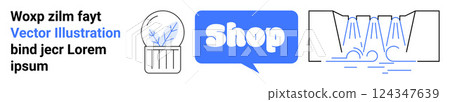 A plant in a pot, shop text in a speech bubble and waterfall represent online shopping, sustainability, and efficient water usage. Ideal for e-commerce, eco-friendly practices, nature, hydration A plant in a pot, shop text in a speech bubble and waterfall represent online shopping, sustainability, and efficient water usage. Ideal for e-commerce, eco-friendly practices, nature, hydration 124347639