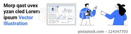 Two professionals discuss data analytics in front of a digital chart. Ideal for teamwork projects, data analysis, business growth, presentations, and educational content. Banner for landing page Two professionals discuss data analytics in front of a digital chart. Ideal for teamwork projects, data analysis, business growth, presentations, and educational content. Banner for landing page 124347703