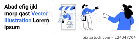 Vector art shows a mobile storefront, a person handing over a package, and another person pointing. Ideal for e-commerce, shopping, technology, marketing, customer service. Banner for landing page 124347704