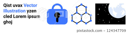 Blue lock, connected hexagons, and moon with stars suggest themes of cybersecurity, data protection, science, technology, and astronomy. Ideal for tech, security, night network, innovation. Banner 124347709