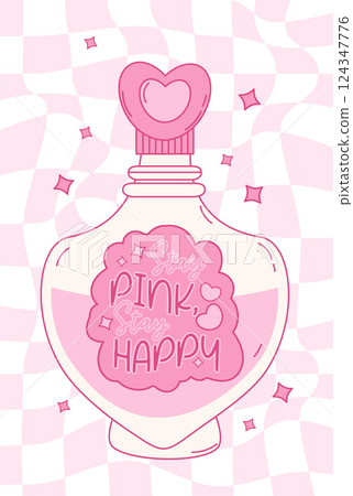 Vintage Coquette Pink Bottle Magic Elixir with Groovy Motivational Quote Lettering. Romantic Girly Vibe. Vector illustration. Trendy Aesthetic card on Distorted Twisted Checkered Background Vintage Coquette Pink Bottle Magic Elixir with Groovy Motivational Quote Lettering. Romantic Girly Vibe. Vector illustration. Trendy Aesthetic card on Distorted Twisted Checkered Background 124347776