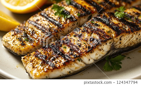 grilled fish on a plate, showcasing the charred skin and succulent texture 124347794