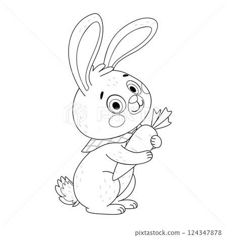 Cute Easter Bunny hugs big carrot coloring page. Hand drawn line art style. Cute Easter Bunny hugs big carrot coloring page. Hand drawn line art style. 124347878