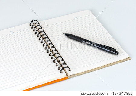 A sleek black pen lies on a fresh, open notebook. A sleek black pen lies on a fresh, open notebook. 124347895