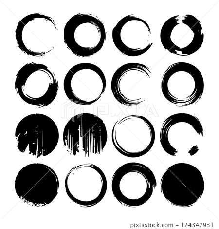 A set of bold ink circles with a grunge effect. Perfect for modern design, logos, and typography. 124347931