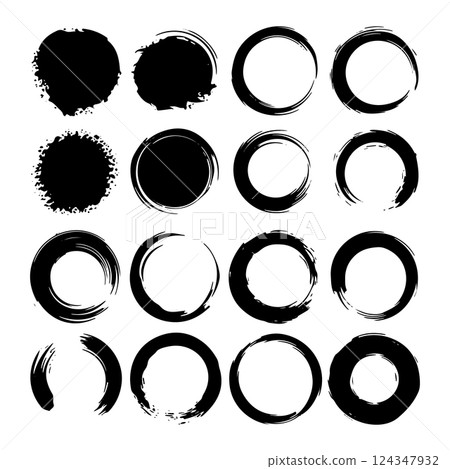 A set of bold ink circles with a grunge effect. Perfect for modern design, logos, and typography. 124347932