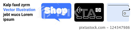 Text bubble saying shop, a credit card with a chip, and a wallet. Ideal for online shopping, e-commerce, digital payments, financial services, and retail business. Banner landing page 124347986