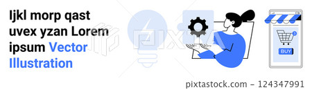 A person examines a gear icon beside a light bulb and an online shopping cart. Ideal for technology, innovation, e-commerce, business, and digital solutions. Banner for landing page 124347991