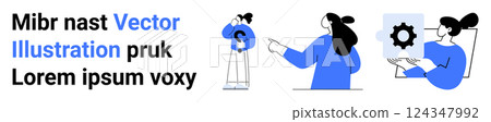 Minimalistic design with figures in blue engaged in thinking and planning. Ideal for teamwork collaboration creativity brainstorming business solutions. Banner for landing page Minimalistic design with figures in blue engaged in thinking and planning. Ideal for teamwork collaboration creativity brainstorming business solutions. Banner for landing page 124347992