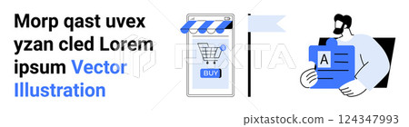 A digital shopping cart on a smartphone next to a person holding a document with a large letter A. Ideal for e-commerce, content management, online shopping, digital marketing, web development 124347993