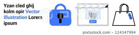 Blue lock, online storefront, and shopping bag convey e-commerce security and online shopping themes. Ideal for cybersecurity, e-commerce, online retail, digital shopping, technology. Banner 124347994