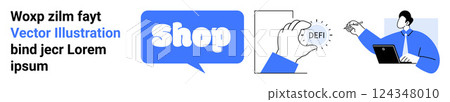Blue shop speech bubble, hand holding DeFi coin, person using laptop. Ideal for e-commerce, cryptocurrency, technology, modern marketing, digital transactions. Banner landing page 124348010