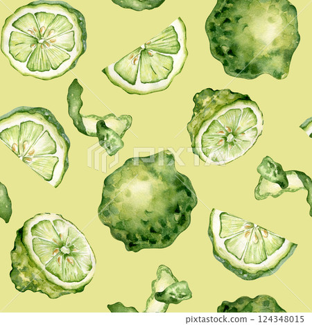 Seamless pattern with watercolor limes and bergamot isolated. Juicy green citrus segments in a botanical style hand drawn repeated background. For fabric, kitchen textiles, and fresh summer designs. 124348015