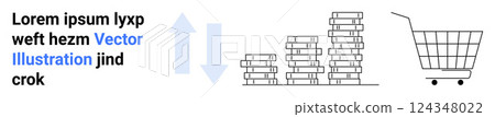 Stack of coins and a shopping cart symbolize financial growth and retail success. Ideal for economic trends business development e-commerce marketing strategies financial analysis. Banner for landing 124348022