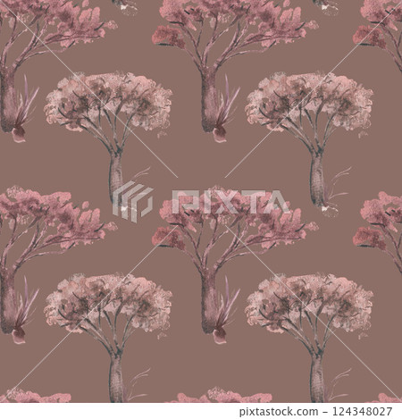 Acacia trees hand drawn in soft brown shades on a seamless background isolated. Watercolor African savanna pattern for safari prints, boho wallpaper, fabric, and adventure travel design. 124348027