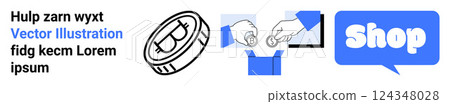 Three visuals include a shopping cart coin, a hand receiving a package with coin payment, and a blue chat bubble with the word Shop. Ideal for e-commerce, online shopping, digital payments, delivery Three visuals include a shopping cart coin, a hand receiving a package with coin payment, and a blue chat bubble with the word Shop. Ideal for e-commerce, online shopping, digital payments, delivery 124348028