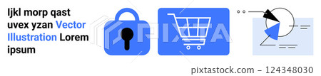 Blue lock symbol, shopping cart, and data chart represent security, e-commerce, and analytics. Ideal for technology, online shopping, data security, analytics, and digital marketing themes. Banner 124348030