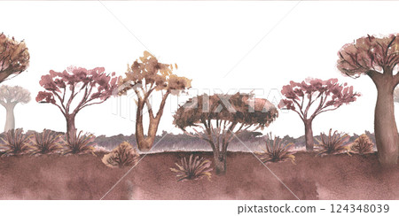 African landscape seamless background hand drawn in watercolor. Baobab and acacia trees in soft brown tones isolated. Safari nature repeated border for travel banners, and adventure posters. 124348039