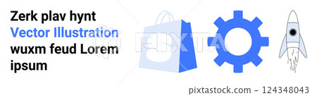 Blue shopping bag, gear, and rocket with surrounding text. Ideal for business, technology, e-commerce, innovation, and startups. Simple, clean design with focus on blue color scheme.Landing page 124348043