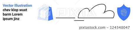 Shopping bag icon with letter S on the left, cloud icon in the center, blue shield with fingerprint icon on the right. Ideal for online shopping, cloud computing, data protection, e-commerce 124348047