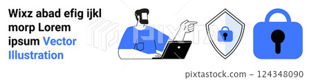 Person with laptop gestures towards padlock and shield symbol emphasizing data security. Ideal for cybersecurity, data protection, digital privacy, online safety, tech solutions. Banner for landing Person with laptop gestures towards padlock and shield symbol emphasizing data security. Ideal for cybersecurity, data protection, digital privacy, online safety, tech solutions. Banner for landing 124348090