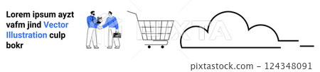 Two people shaking hands beside a shopping cart and cloud symbol. Ideal for online shopping, business partnerships, cloud technology, digital commerce, and collaboration. Banner for landing page Two people shaking hands beside a shopping cart and cloud symbol. Ideal for online shopping, business partnerships, cloud technology, digital commerce, and collaboration. Banner for landing page 124348091