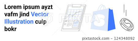 Graph on clipboard beside blue shopping bag and dollar coin. Ideal for e-commerce, financial analysis, shopping trends, business presentations, economic reports. Landing page Graph on clipboard beside blue shopping bag and dollar coin. Ideal for e-commerce, financial analysis, shopping trends, business presentations, economic reports. Landing page 124348092