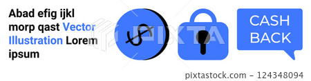 Three blue icons depict financial themes including currency, security, and cashback. Ideal for marketing, finance, security, promotional campaigns, and digital content. Banner for landing page Three blue icons depict financial themes including currency, security, and cashback. Ideal for marketing, finance, security, promotional campaigns, and digital content. Banner for landing page 124348094