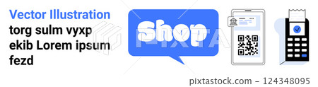Shopping icon with speech bubble, receipt with QR code, and payment terminal. Ideal for online shopping, e-commerce, digital payments, modern retail, and technology integration. Banner landing 124348095